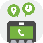 Cartoon representation of a mobile phone with speech bubbles coming from it indication location and time.